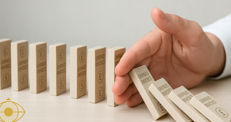 Hand stopping a chain of falling dominoes labelled ‘Unpaid Invoice’ – symbolising action to break the late payment cycle