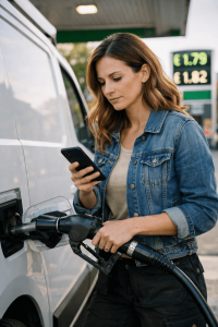 Business owner reading the news while filling van with fuel