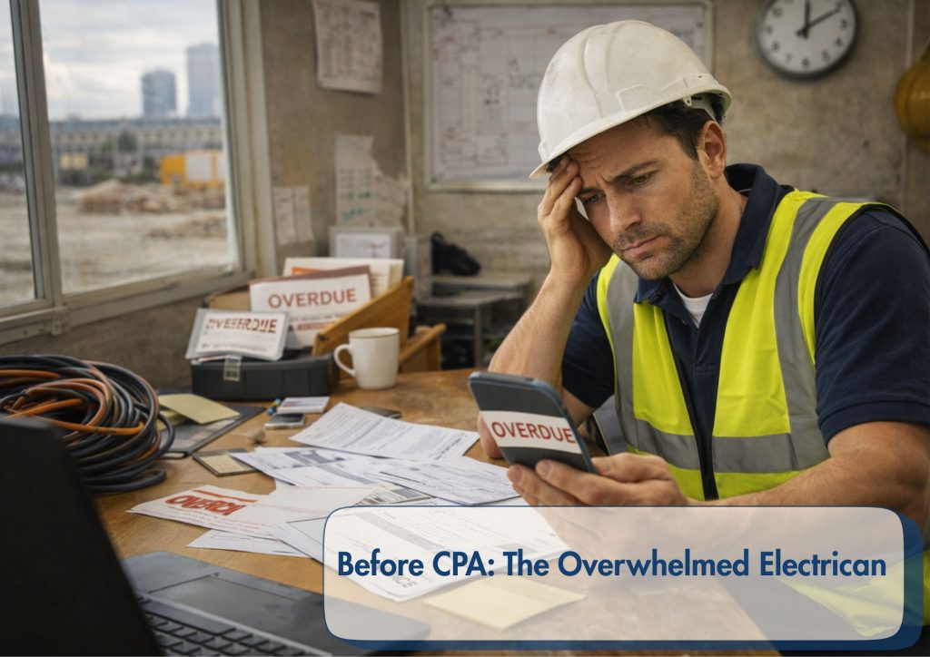 Electrician reviewing overdue customer invoices in site office