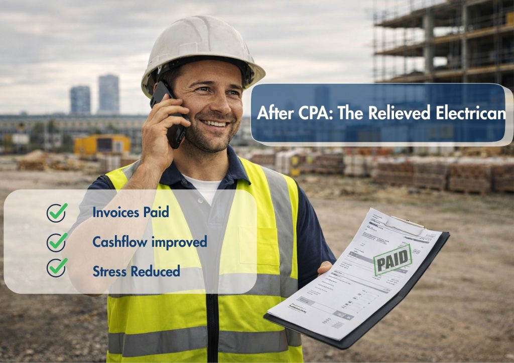 Electrician on construction site after receiving payment for completed work