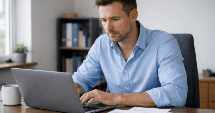 SME business owner reviewing accounts on laptop with unpaid invoices on desk