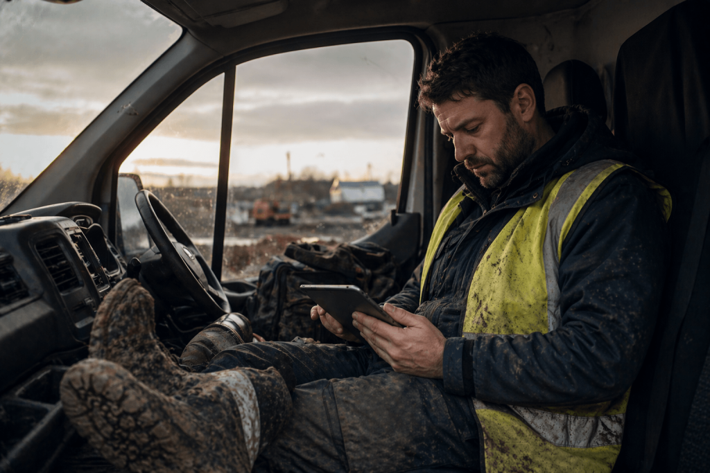 Groundworks contractor sitting in a work van surrounded by tools and muddy boots, reviewing overdue invoices on a tablet with a concerned expression.
