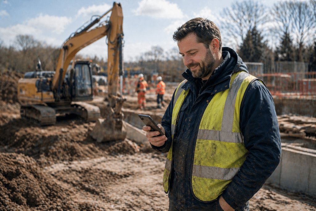 Groundworks contractor standing beside machinery on a construction site, checking his phone with a more relaxed expression in natural daylight.
