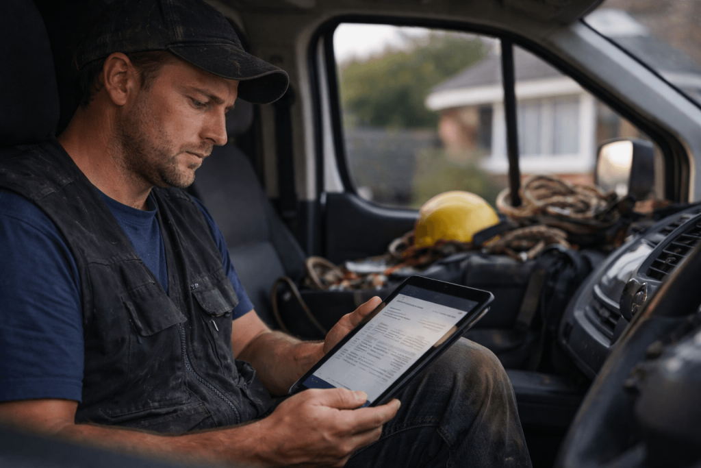 Roofer sitting in a van reviewing overdue invoices on a tablet