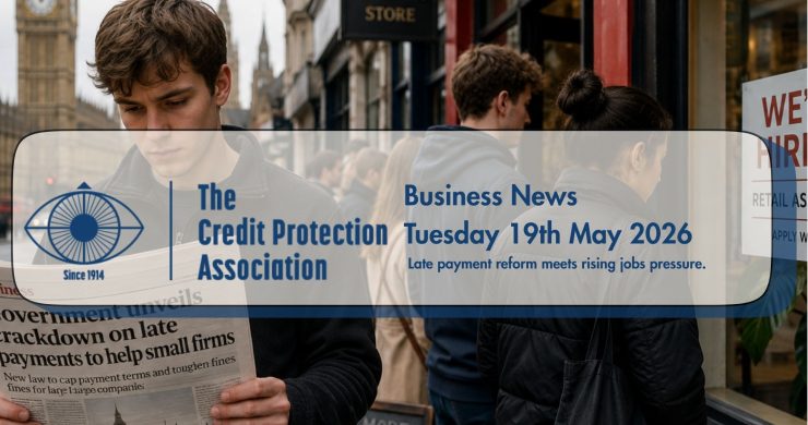 Young retail worker queueing for a job outside a UK shop while reading newspaper coverage of Government late payment reforms with Parliament visible in the background